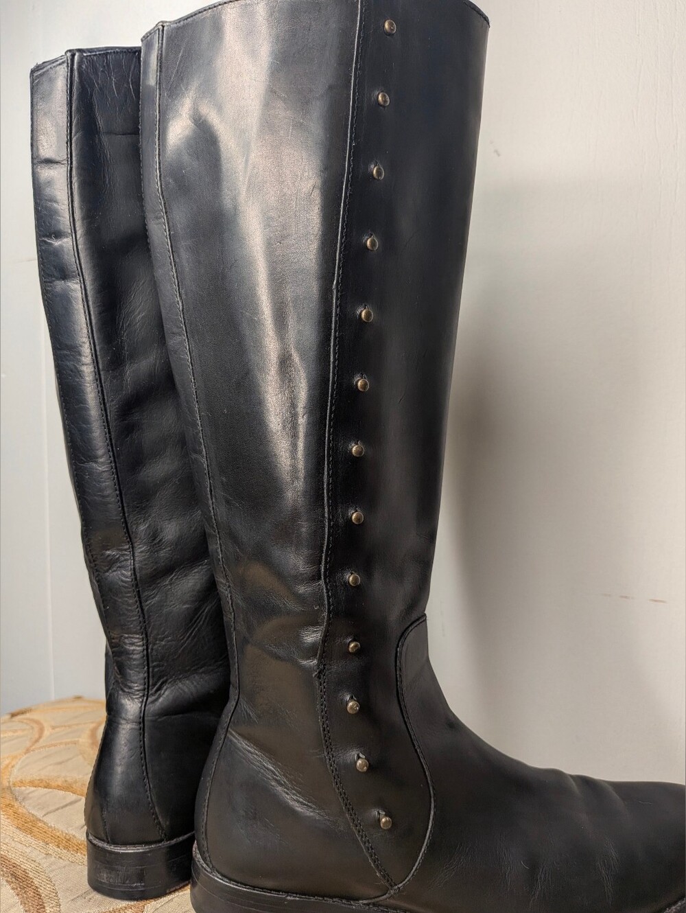 Cole Haan Tall Black Leather Riding Boots Side Zip Functional Button Studs Sz 9